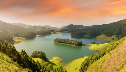 Wall Mural - the lagoa do canario lake is related to the volcanic formation of the sete cidades crater and is surrounded by typical macaronesian forests and cryptomeria plantations