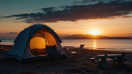 Wall Mural - camping by the sea at sunset