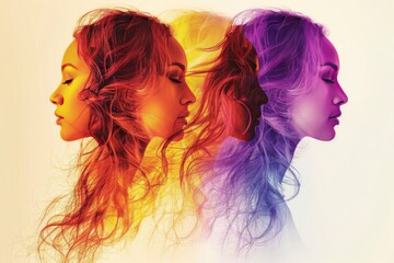 Sticker - Artistic and expressive portrait of two women in profile with vibrant colors and abstract textures highlighting individuality