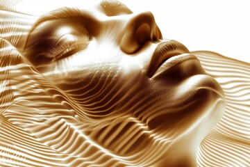 Poster - Serene and elegant digital art of a woman's face with flowing lines and golden hues emphasizing beauty and tranquility