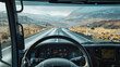 © Creator - View from inside a truck cabin, showcasing the dashboard and steering wheel, with a scenic open road and mountains visible through the windshield,symbolizing travel,freedom, and the trucking lifestyle