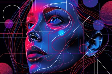 Sticker - Creative and abstract digital art of a woman's face with neon geometric patterns, emphasizing modernity and style