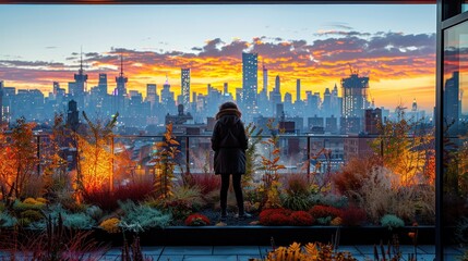 Cityscape View from Rooftop Balcony with Sunrise