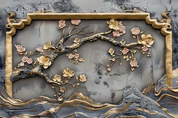 Wall Mural - Volumetric stucco molding on a concrete wall with golden elements, Japanese landscape