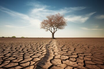 Wall Mural - Lone tree with pink blossoms stands amid a vast dry landscape with cracked soil under a clear sky