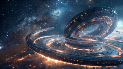 Futuristic circular structure with overlapping rings, set against a starry night sky, creating a sci-fi inspired architectural scene