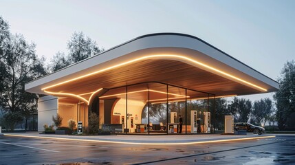 Modern gas station with a sleek canopy and a minimalist design, set against a clear sky, emphasizing contemporary architecture and functionality