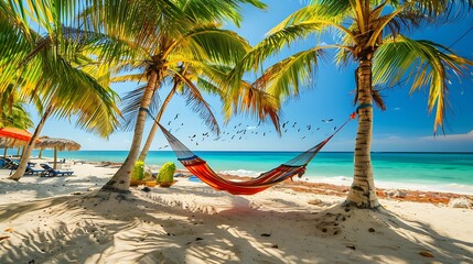 Poster - beautiful caribbean beach, with palm trees, bright colors, a hanging hammock and birds flying in the background