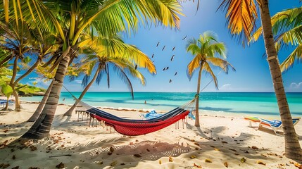 Wall Mural - beautiful caribbean beach, with palm trees, bright colors, a hanging hammock and birds flying in the background