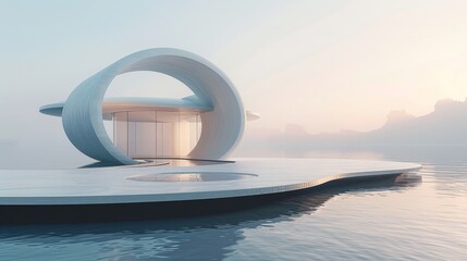 Wall Mural - Futuristic architectural structure with a circular opening and a water-filled platform, set against a clear sky, creating a serene and modern scene
