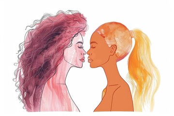 Wall Mural - Illustration of two women in profile with contrasting hairstyles and vibrant hues