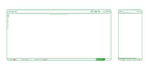Wall Mural - Green internet browser phone app webpage, blank website template vector design. Editable lines web browser with icons illustration. Homepage mockup background illustration. 