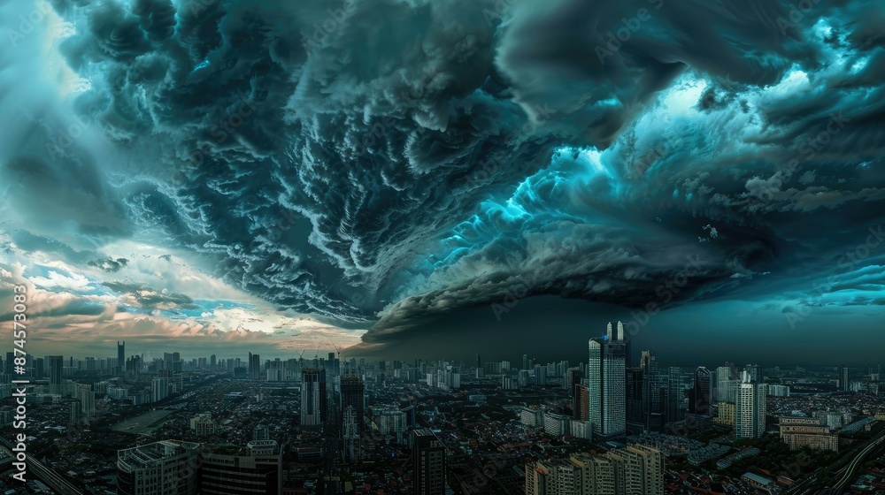 Massive, swirling storm clouds dominate the sky over a sprawling ...