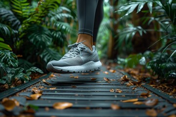 Grey Running Shoes Stepping on a Wooden Pathway in a Lush Tropical Forest