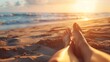 © Ace64 Studio - Closeup of woman's feet on sandy beach at sunset evoking travel relaxation and summer vibes. Beach. Ultra realistic. Photorealistic