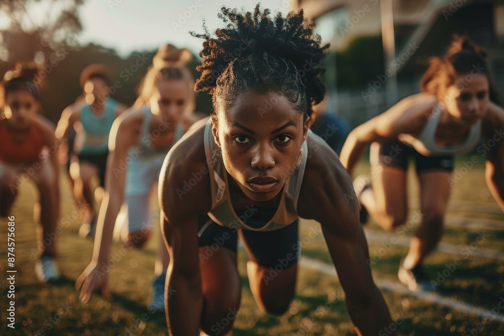 Crouch Racing Athletes crouch at the starting line, poised for a race. Intensity and ...