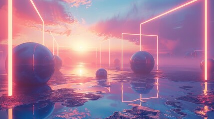 Wall Mural - Futuristic scene with floating spheres and a rectangular frame above a water surface, creating a surreal and ethereal atmosphere