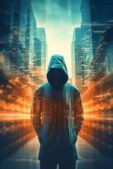 Wall Mural - cybersecurity concept. Futuristic double exposure. Unknown man and city overlayed with data. High quality photo