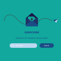 Sticker - Vector banner illustration of email marketing. Subscription to newsletter, news, offers, promotions. A letter in an envelope. Buttons template. Subscribe, submit. Send by mail. Blue and Green. Eps 8 