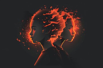 Wall Mural - Silhouette of a head with fiery red light effects in a dark background