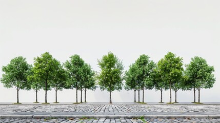 Sticker - Row of evenly spaced trees with a cobblestone pathway, set against a white background, creating a symmetrical and organized urban landscape