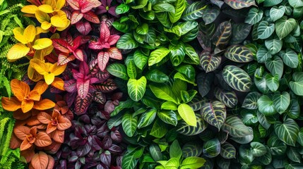 Sticker - Vertical garden panel with a variety of colorful plants and foliage, set against a white background, emphasizing natural beauty and indoor gardening