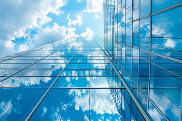 Wall Mural - Reflective skyscrapers, business office buildings. Low angle photography of glass curtain wall details of high-rise buildings.The window glass reflects the blue sky and white clouds. . High quality