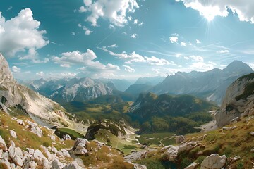 Wall Mural - A panoramic, mountainous landscape with parallax scrolling effects for an adventure travel blog