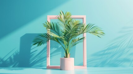 Sticker - 3D illustration of a floating picture frame with a palm tree inside, set against a blue background, creating a surreal and tropical vibe