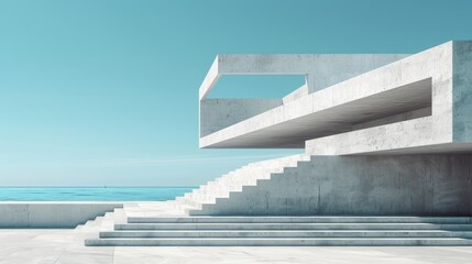 Wall Mural - Minimalist concrete steps and platforms under a clear blue sky, creating a modern and serene architectural landscape