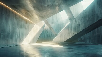 Wall Mural - Abstract architectural space with large, angular concrete structures and diffused light, creating a minimalist and futuristic environment