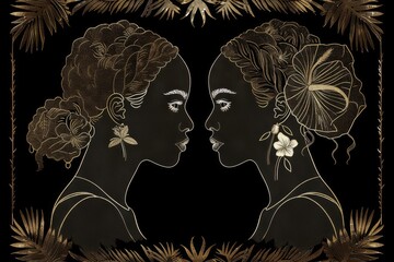 Detailed line art of two women in profile with intricate patterns, capturing elegance, connection, and artistic beauty in a modern, decorative style