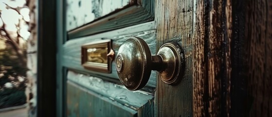 Poster - Close-up of a vintage doorknob on a wooden door. AI.