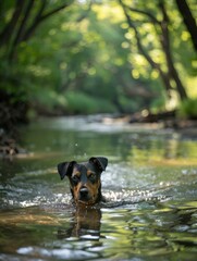 Wall Mural - A cute dog is swimming in a river. AI.