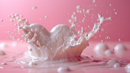 Sticker - 3D render of a splash of milk forming a heart shape against a pink background, creating a whimsical and playful design