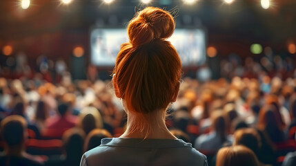 Wall Mural - Confident redhead businesswoman giving keynote speech to diverse audience at conference. Concept Business Leadership, Public Speaking, Diversity, Confidence, Conference Audience