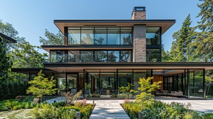 Wall Mural - Modern two-story house with large glass windows and a sleek design, surrounded by greenery and a paved driveway, set against a clear blue sky, highlighting contemporary architecture