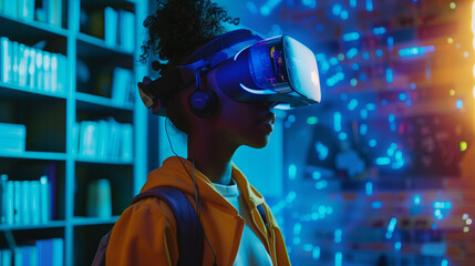 Wall Mural - School pupil with VR headset using AI artificial intelligence smart technology innovation & machine learning in library. Interactive digital training in classroom. AI blue hologram in education 