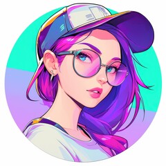 Anime girl with purple hair and pink glasses, wearing a white shirt and a black cap. Concept of digital art, anime, manga, and illustration.