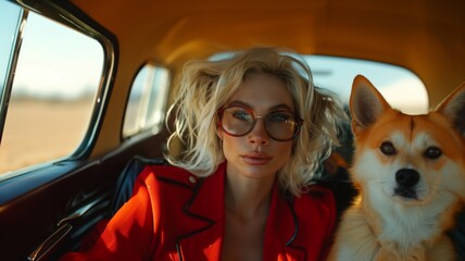 A woman in glasses and a red jacket sits in a car with a dog