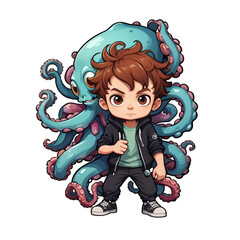 Canvas Print - A cartoonish boy stands in front of a large octopus