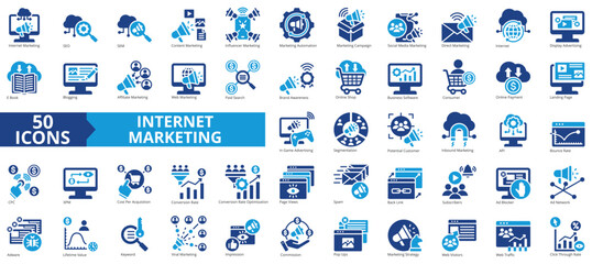 Internet marketing icon collection set. Containing seo, sem, content, influencer, campaign, social media, automation icon. Simple flat vector.