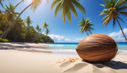 Fresh coconut lies on the sand of a tropical beach