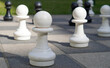 © Elizaveta - Close-up of white and black chess pieces on a large outdoor chessboard. Captured on a sunny day in a park, highlighting the strategic and recreational nature of chess