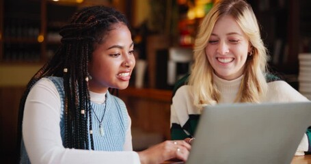 Sticker - Discussion, friends and women in coffee shop with laptop for university, group project or teamwork. Students, online and people with computer for education, knowledge or studying together in cafe