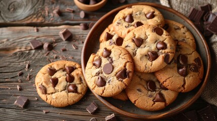 Wall Mural - baking delights, a rustic table is adorned with a plate of delicious chocolate chip cookies, freshly baked, and accompanied by scattered crumbs