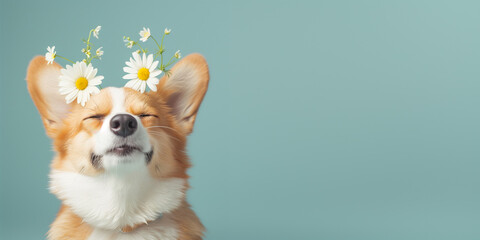 Banner with funny corgi dog with flowers isolated on blue background. Wreath of daisies on welsh corgi pembroke. For pet company, cares innovations, artistic presentations, tech blogs, marketing.