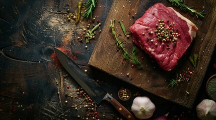 Sticker - Prime raw steak on wooden cutting board with herbs and spices. Rustic kitchen setting with fresh meat ready for cooking. Top view and dark food photography style. Perfect for culinary blogs. AI