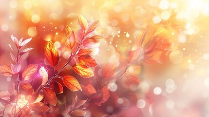 Wall Mural - Abstract autumn nature background, with leaves on a branch, glowing sun and warm seasonal colors