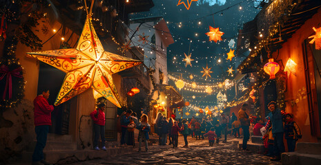 Wall Mural - A group of people are gathered in a town square, with a large star